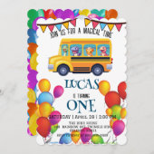 おもしろい恐竜の新学期バスの少年誕生日 招待状 (正面/裏面)