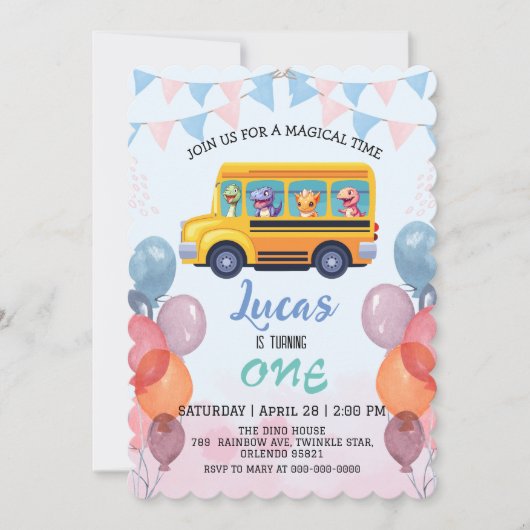 おもしろい恐竜の新学期バスの少年誕生日 招待状 (正面)