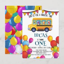 おもしろい恐竜の新学期バス少年誕生日 ポストカード