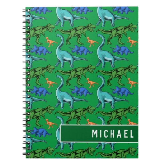 おもしろい恐竜の模様を描くキッズグリーンネームスクール ノートブック (正面)