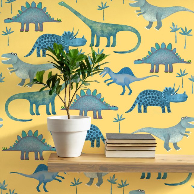 おもしろい恐竜の模様（青） 壁紙 (Dinosaur Tyrannosaurus Rex Stegosaurus triceratops diplodocus yellow kids peel and stick wallpaper)