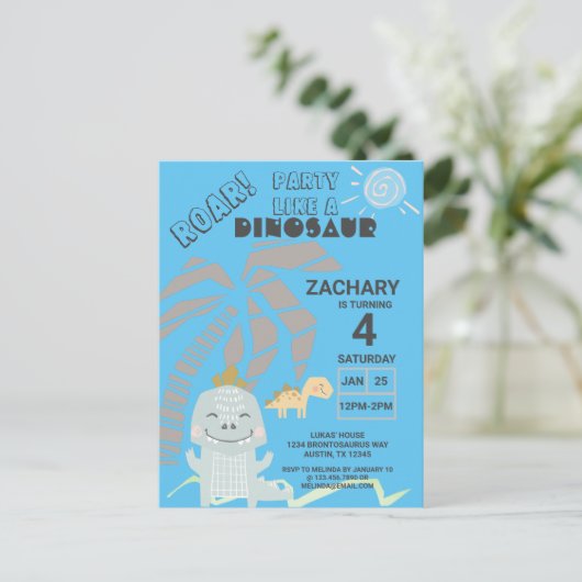 おもしろい恐竜の鳴き声 子供の誕生日パーティー招待状 ポストカード (スタンド正面)