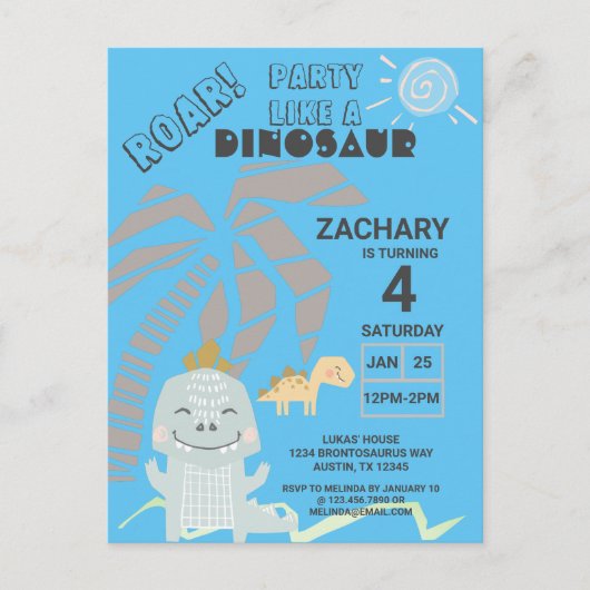おもしろい恐竜の鳴き声 子供の誕生日パーティー招待状 ポストカード (正面)