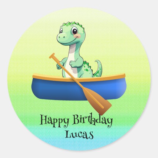 おもしろい恐竜カヤックのセーリング誕生日パーティー ラウンドシール (正面)