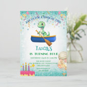 おもしろい恐竜カヤック子供の誕生日パーティーDIY名 招待状 (スタンド正面)