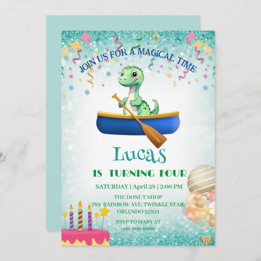 おもしろい恐竜カヤック子供の誕生日パーティーDIY名 招待状 (正面/裏面)