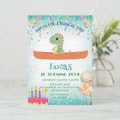 おもしろい恐竜カヤック子供の誕生日パーティーDIY名 招待状 (スタンド正面)