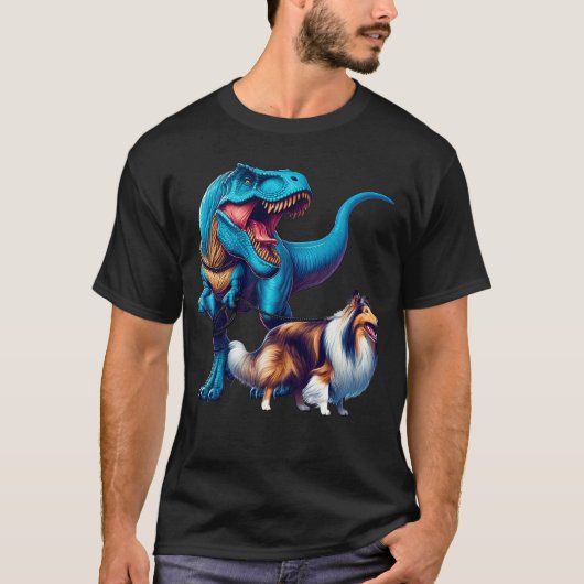 おもしろい恐竜コリー歩く犬愛好家 Tシャツ (正面)