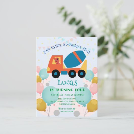 おもしろい恐竜セメントトラック誕生日パーティー名前 ポストカード (スタンド正面)