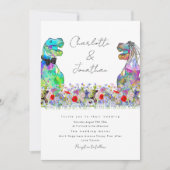 おもしろい恐竜テーマカラフル野花 招待状 (正面)