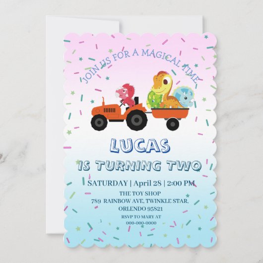 おもしろい恐竜トラクタートラック誕生日パーティーDIY名 招待状 (正面)