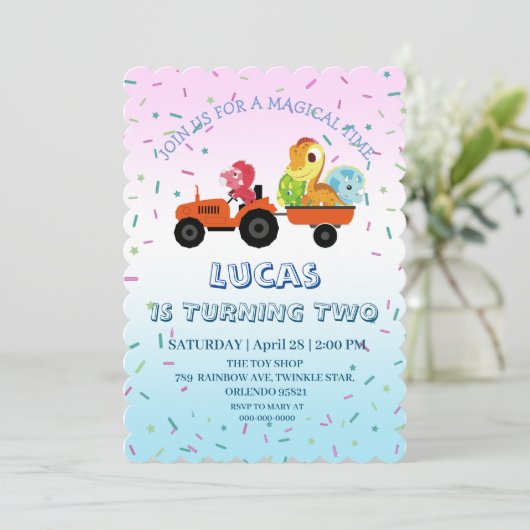 おもしろい恐竜トラクタートラック誕生日パーティーDIY名 招待状 (スタンド正面)