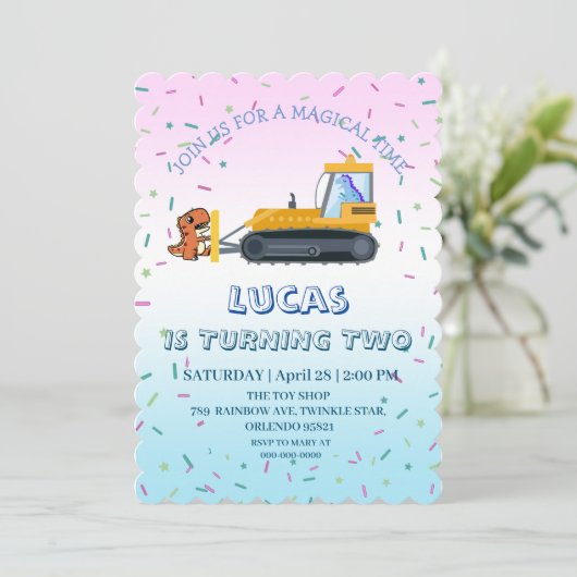 おもしろい恐竜トラクタートラック誕生日パーティーDIY名 招待状 (スタンド正面)