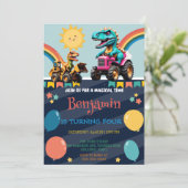 おもしろい恐竜トラクター気球スクール誕生日 招待状 (スタンド正面)