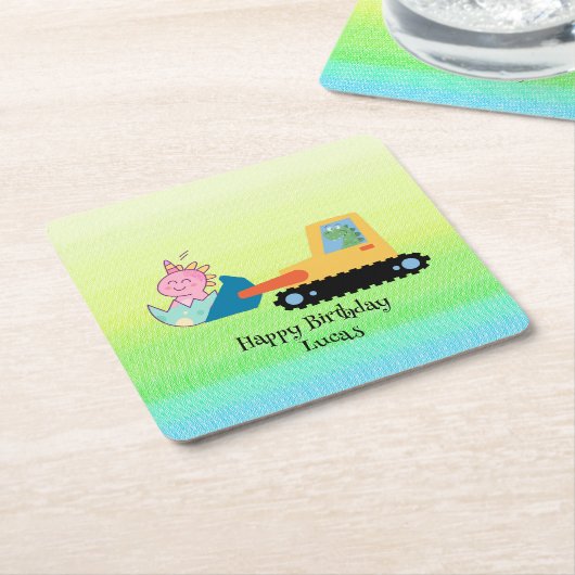 おもしろい恐竜トラクター誕生日パーティーDIY名前 スクエアペーパーコースター (アングル)