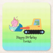 おもしろい恐竜トラクター誕生日パーティーDIY名前 スクエアペーパーコースター (正面)