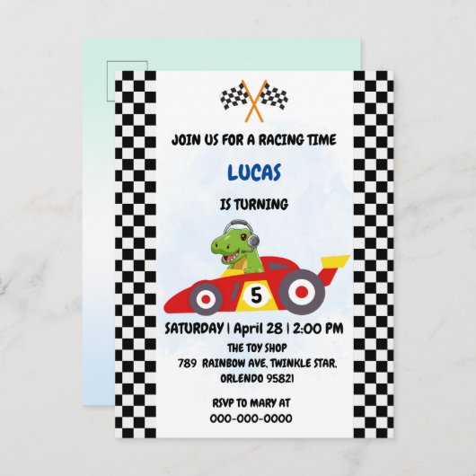 おもしろい恐竜レース車の男の子ゲーム誕生日パーティー インビテーションポストカード (正面/裏面)