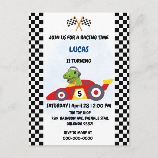 おもしろい恐竜レース車の男の子ゲーム誕生日パーティー インビテーションポストカード (正面)