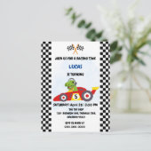 おもしろい恐竜レース車の男の子ゲーム誕生日パーティー インビテーションポストカード (スタンド正面)