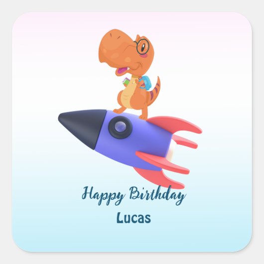 おもしろい恐竜ロケット戻る2学校誕生日会 スクエアシール (正面)