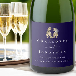 おもしろい恐竜結婚のネイビーブルー&ホワイトカスタム スパークリングワインラベル