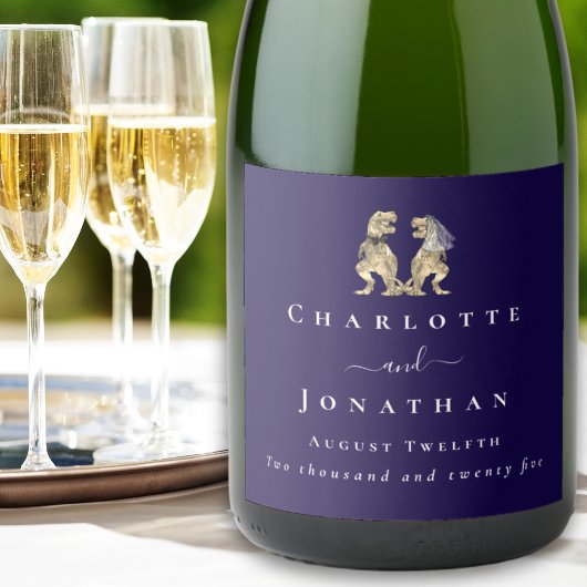 おもしろい恐竜結婚のネイビーブルー&ホワイトカスタム スパークリングワインラベル