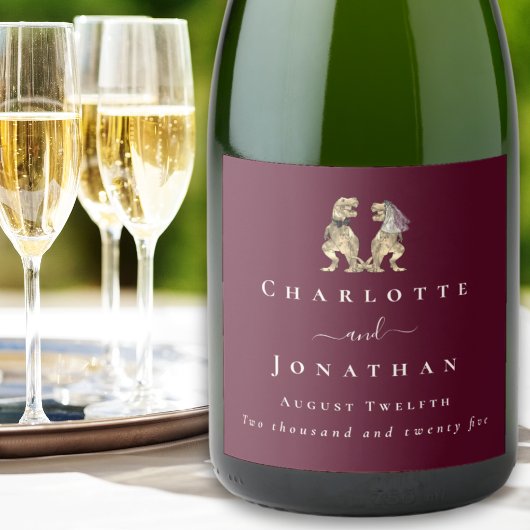 おもしろい恐竜結婚のブルゴーニュ&クリームカスタム スパークリングワインラベル