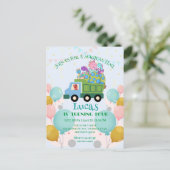 おもしろい恐竜 ゴミ収集車 誕生日パーティー 名前 ポストカード (スタンド正面)