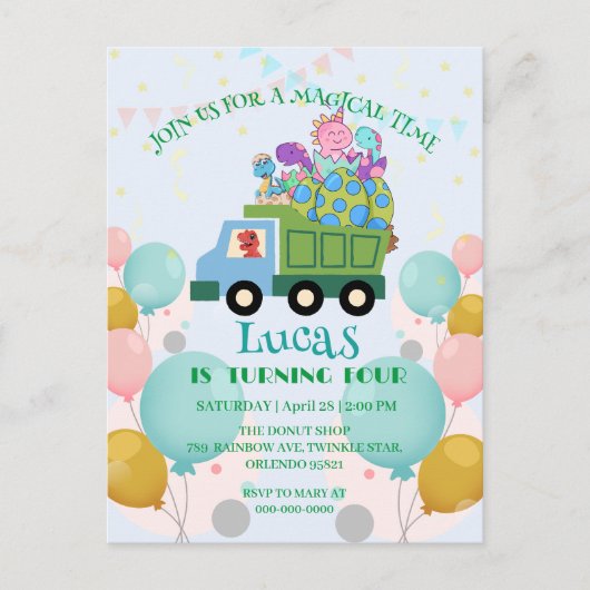 おもしろい恐竜 ゴミ収集車 誕生日パーティー 名前 ポストカード (正面)