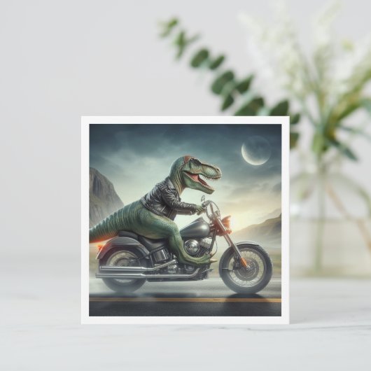 おもしろい恐竜、バイク上の恐竜誕生日 招待状 (スタンド正面)
