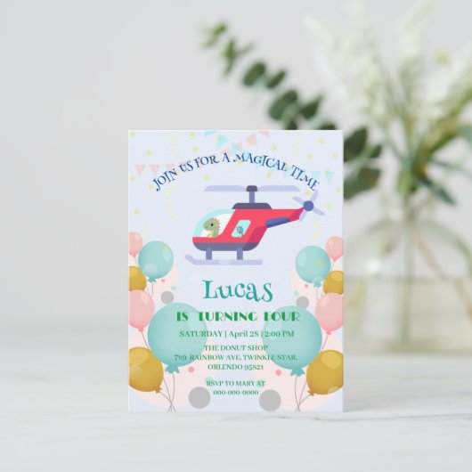 おもしろい恐竜 ヘリコプター 誕生日パーティー DIY 名前 ポストカード (スタンド正面)