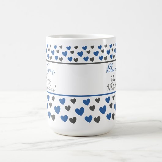 おもしろい感動的かわいい引用文、青と灰色のハート コーヒーマグカップ (中央)