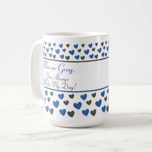 おもしろい感動的かわいい引用文、青と灰色のハート コーヒーマグカップ (正面左)