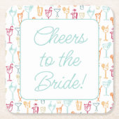 おもしろい手描きカクテルパターンブライダルシャワー スクエアペーパーコースター (正面)