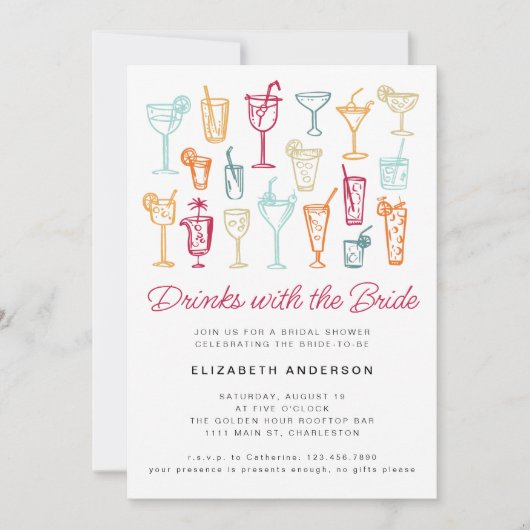 おもしろい手描きカクテルブライダルシャワーパーティー 招待状 (正面)