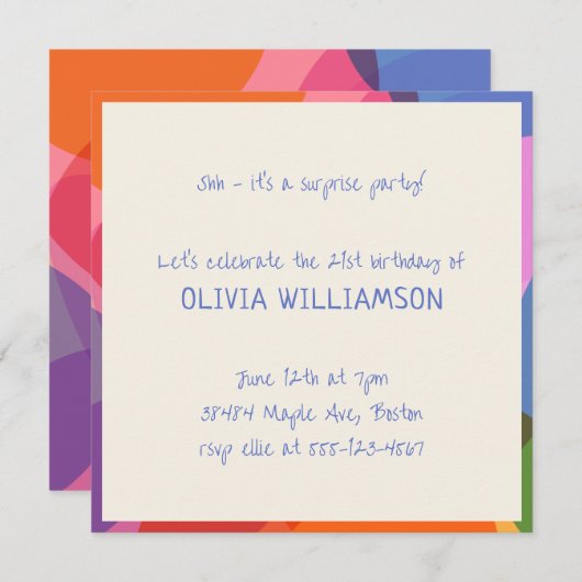 おもしろい手書きカラフルサプライズパーティー誕生日 招待状 (正面/裏面)