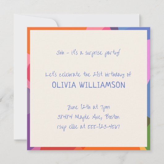 おもしろい手書きカラフルサプライズパーティー誕生日 招待状 (正面)