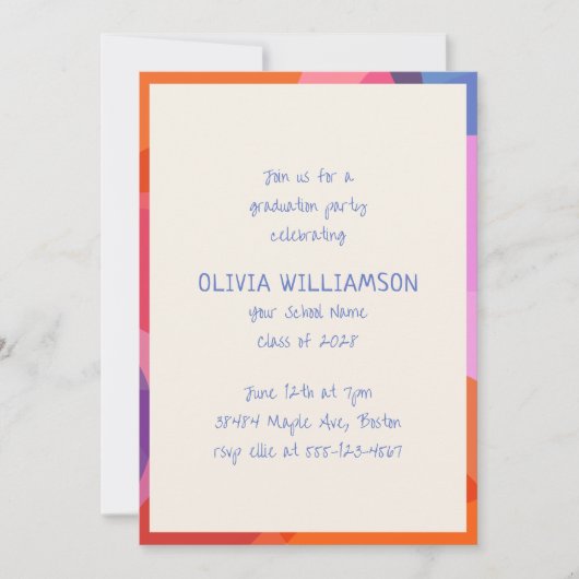おもしろい手書きカラフル卒業モダンパーティー 招待状 (正面)