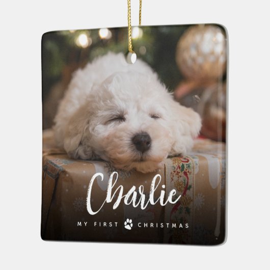 おもしろい手書き型ペットの初めてのクリスマス写真 セラミックオーナメント (左)