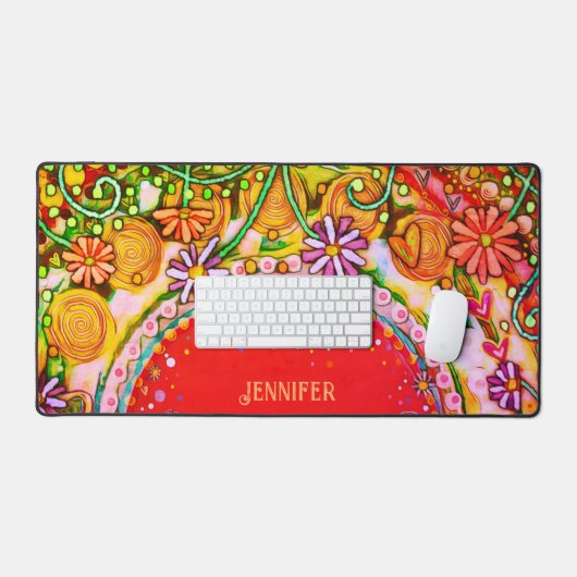 おもしろい抽象芸術フローラ赤パーソナライズされた引用文 デスクマット (キーボード&マウス)