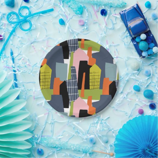 おもしろい抽象芸術建物都市グリッドカラフル ペーパープレート (パーティー)