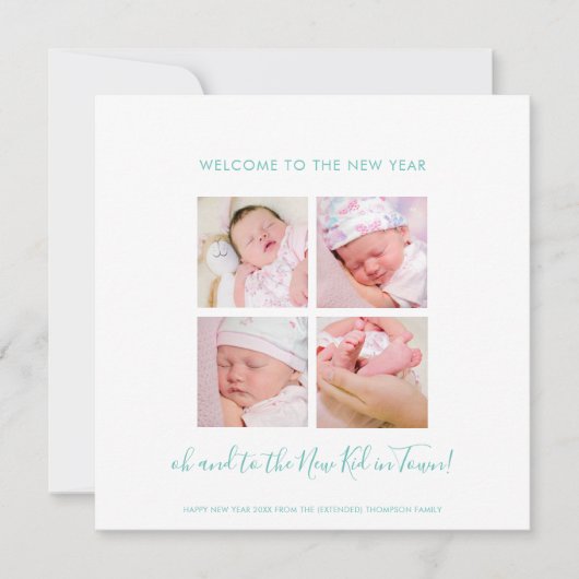 おもしろい新生児ハッピーニューイヤー4フォトコラージュティール（緑がかった色） (正面)