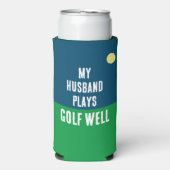 「おもしろい旦那は遊ゴルフがいい」 青と白 スリム缶クーラー (Seltzer正面)