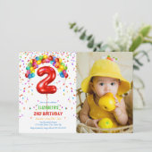 おもしろい明るい紙吹雪バルーン写真第2誕生日 招待状 (スタンド正面)