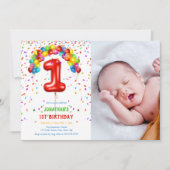 おもしろい明るい紙吹雪バルーン写真1st誕生日 招待状 (正面)