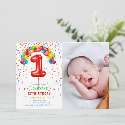 おもしろい明るい紙吹雪バルーン写真1st誕生日 招待状 (スタンド正面)
