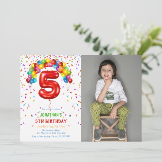 おもしろい明るい紙吹雪バルーン写真5誕生日 招待状 (スタンド正面)