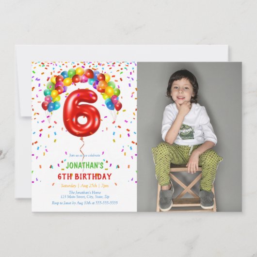 おもしろい明るい紙吹雪バルーン写真6誕生日 招待状 (正面)