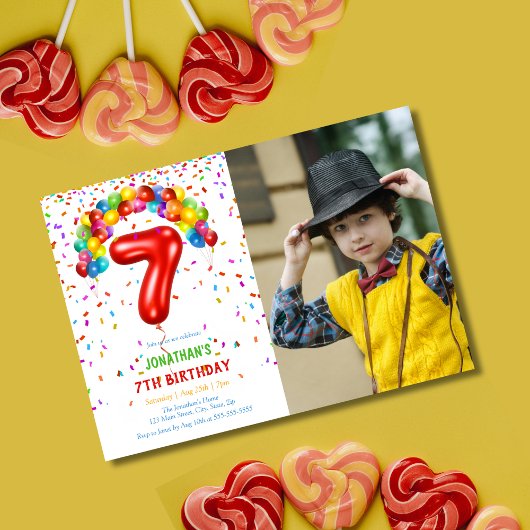 おもしろい明るい紙吹雪バルーン写真7誕生日 招待状