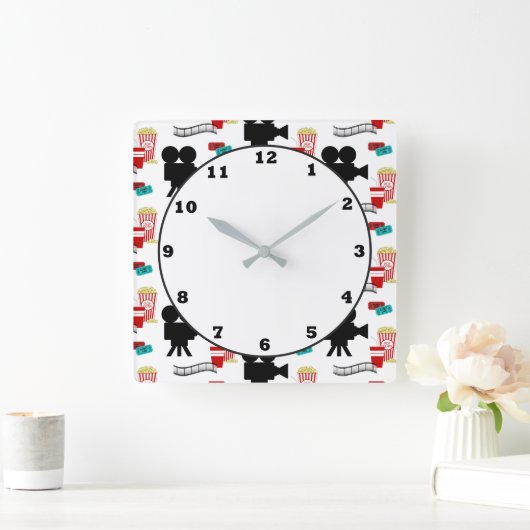 おもしろい映画館リールポップコーン型時計 スクエア壁時計 (ホーム)